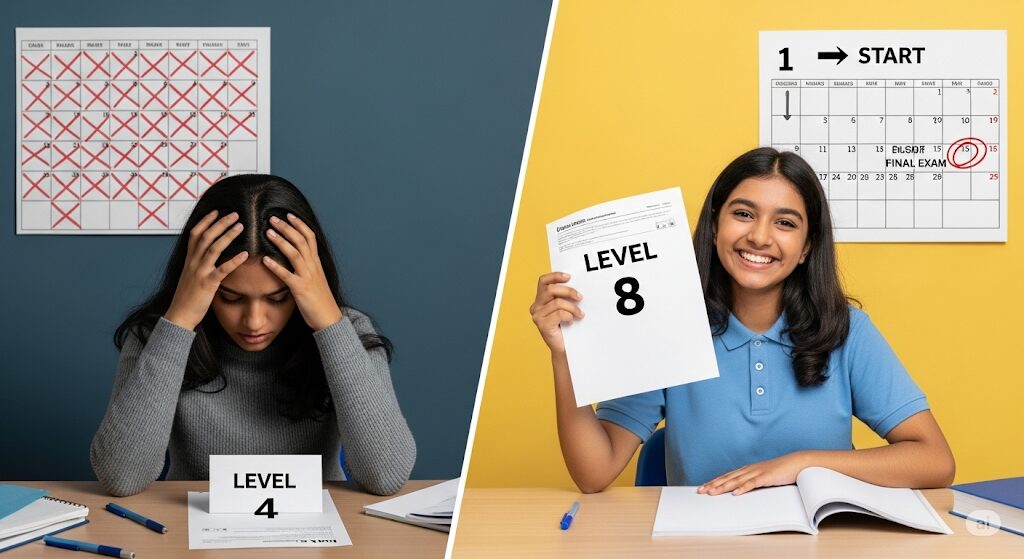 split screen image of in the left when student failed her exams with just a level 4 diassapointed on the right success of the student holding level 8 score